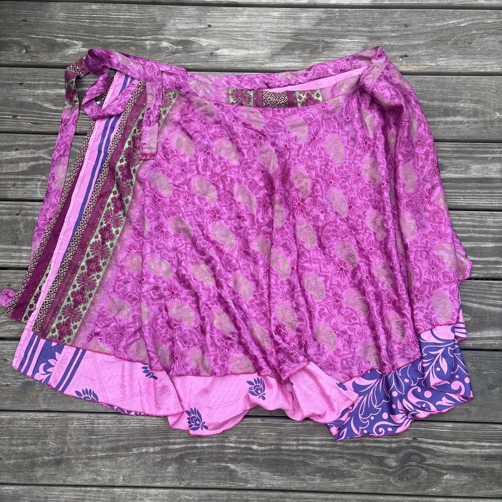 Mexicali Blues Skirt One Size Silk pink Tea Length Magic india wrap Reversible